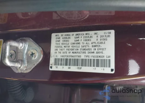 2009 Honda Accord 2.4 Lx from USA, damaged, VIN 1HGCP26379A077365